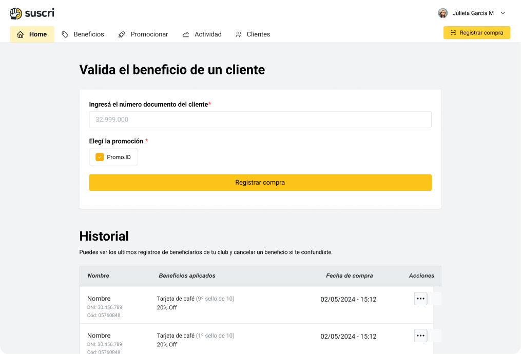 Panel de gestión de Suscri