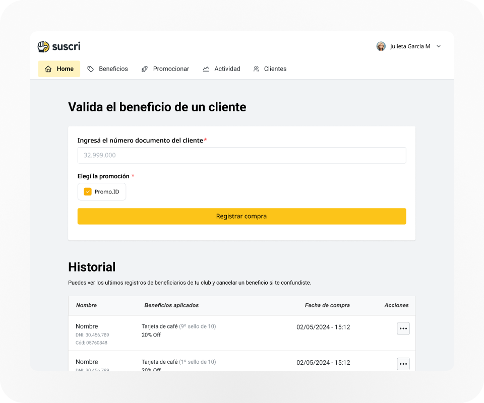 Panel de gestión